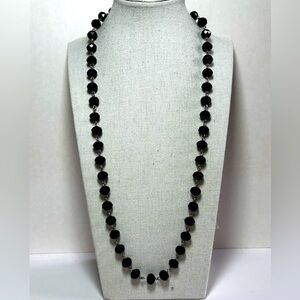 Long Black Faceted Glass Crystals Beaded Linked Necklace 28”